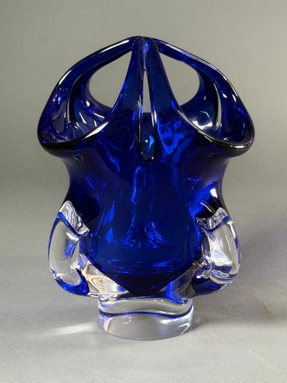 Egermann Bohemia Crystal Cobalt Blue Basket Vase Pulled Handle Czech Glass 9.5"